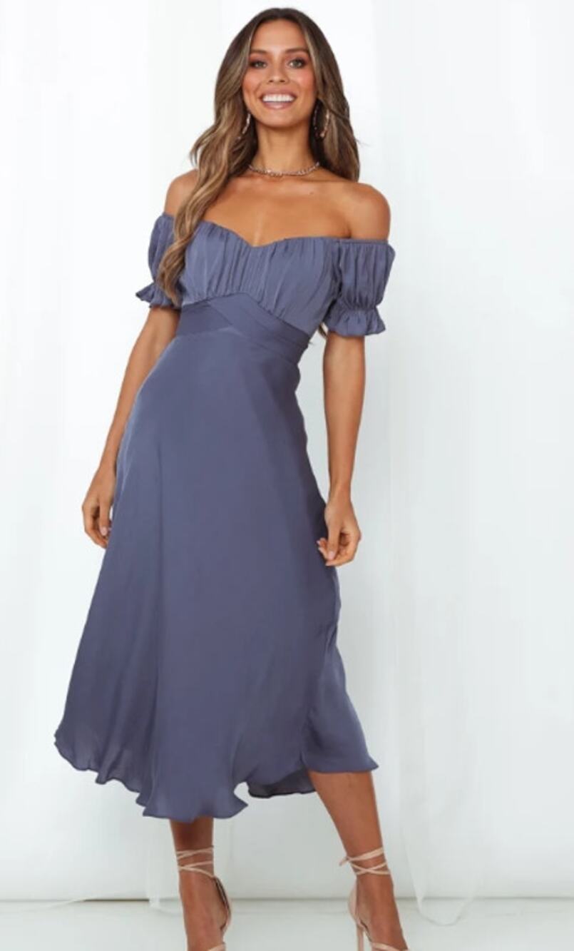 HELLO MOLLY Sky Child Maxi Dress Satin Off The Shoulder Midi Midi Midnight Blue